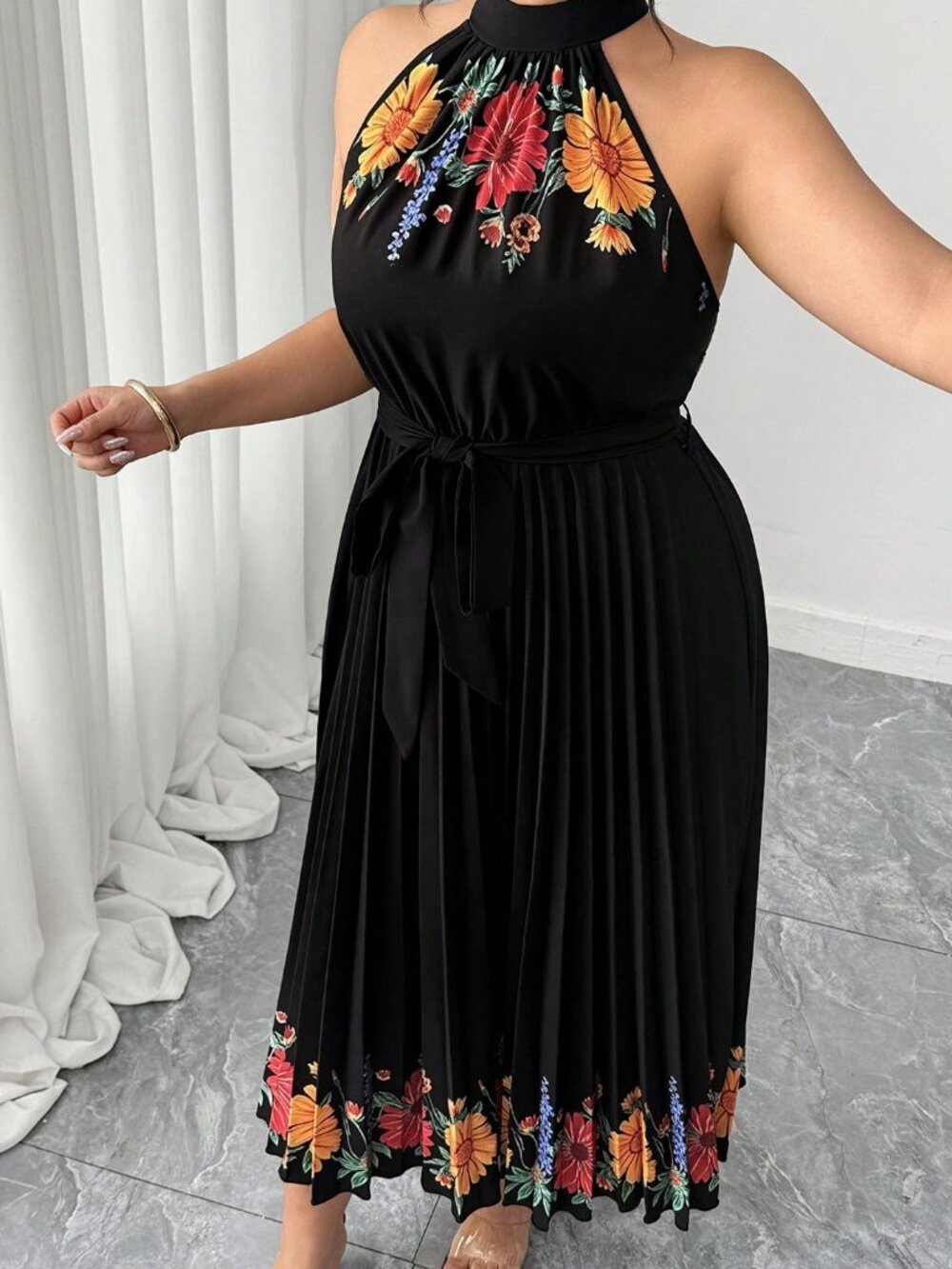 Multicolor Elegant Women's Floral Print Ruched Waist Cinched Halter Dress - Picture 7 of 7